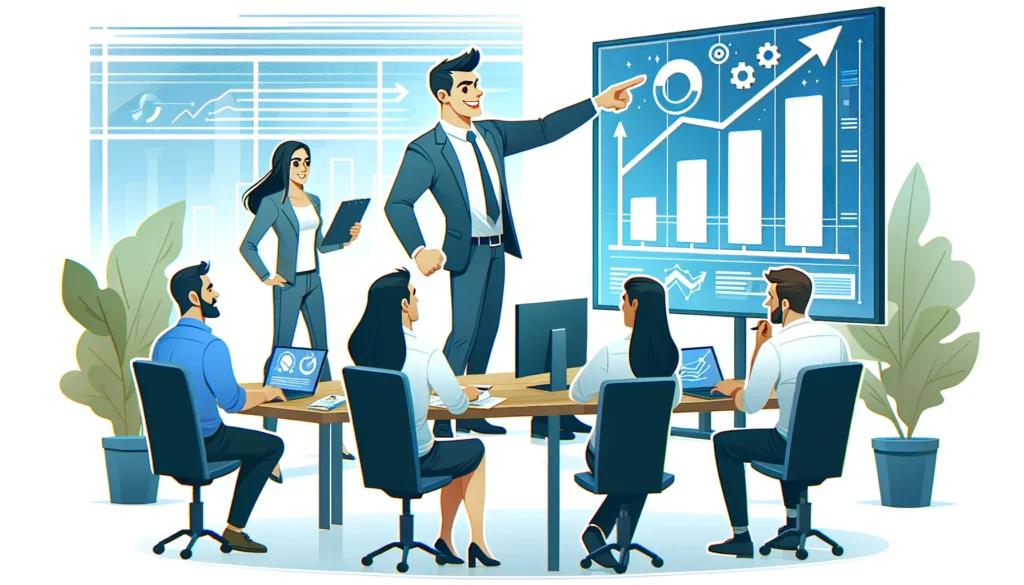 Business growth strategy meeting in a high-tech office, with a coach pointing at digital graphs and engaged owners discussing and taking notes.